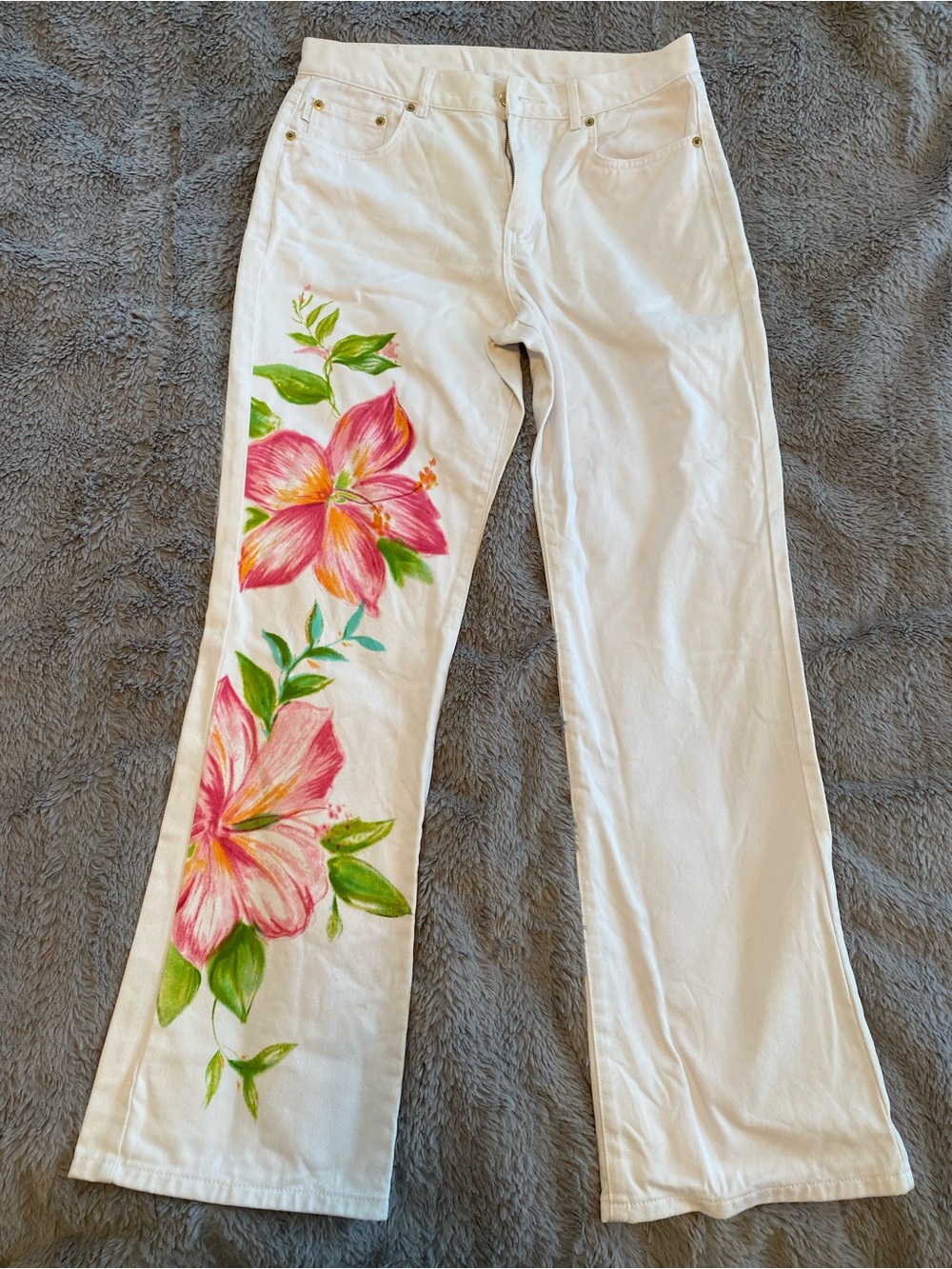 Ralph Lauren White Wide-Leg Pants with Pink & Green Floral Painting